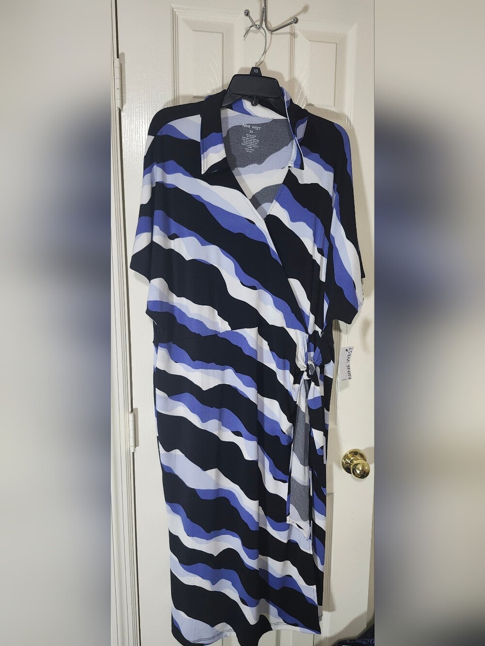 Plus Size Nine West Navy, Blue and White Wave-Print Wrap Midi Dress
